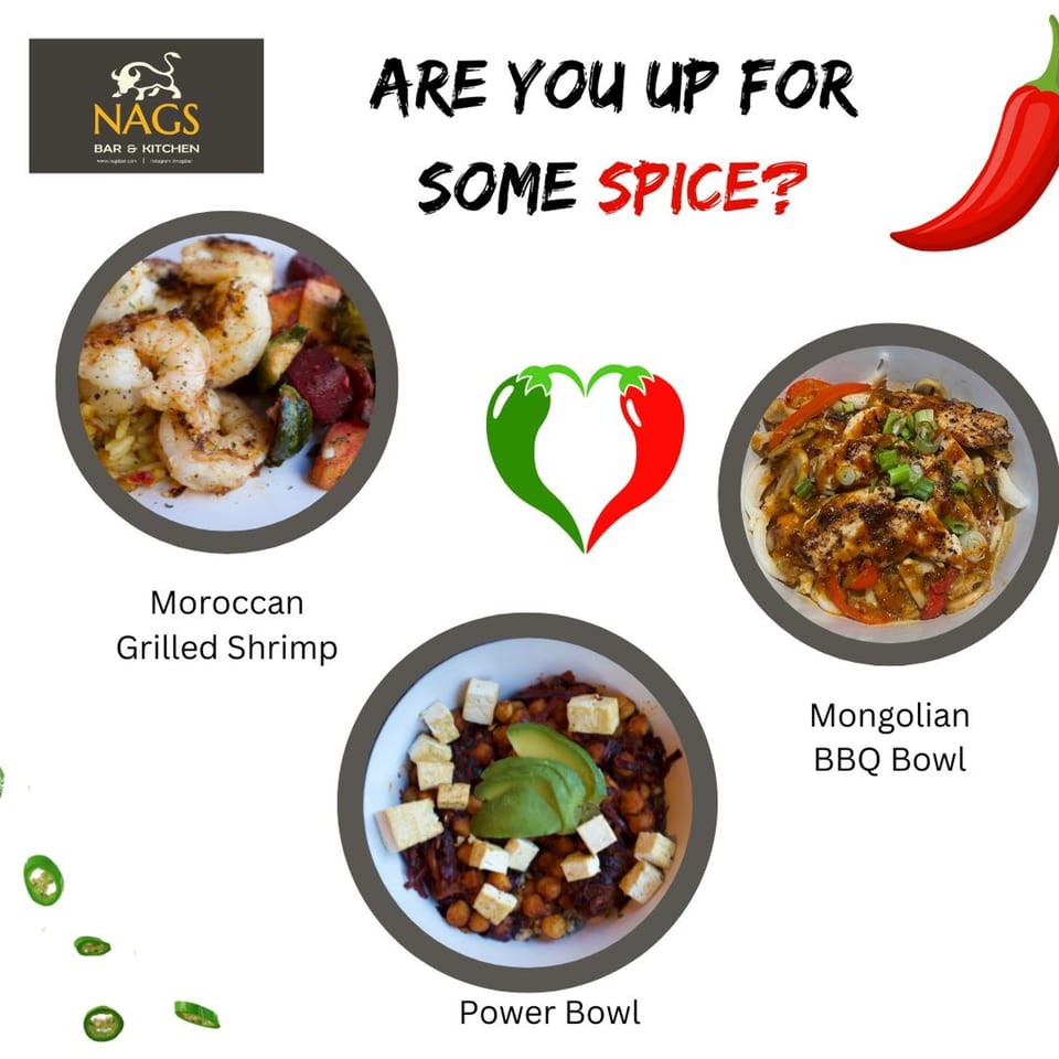 NAGS Bar and Kitchen menu with Moroccan Grilled Shrimp, Mongolian BBQ Bowl, and Power Bowl.
