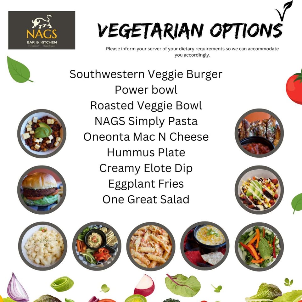 A menu from NAGS Bar and Kitchen displaying vegetarian options with small images of each dish.