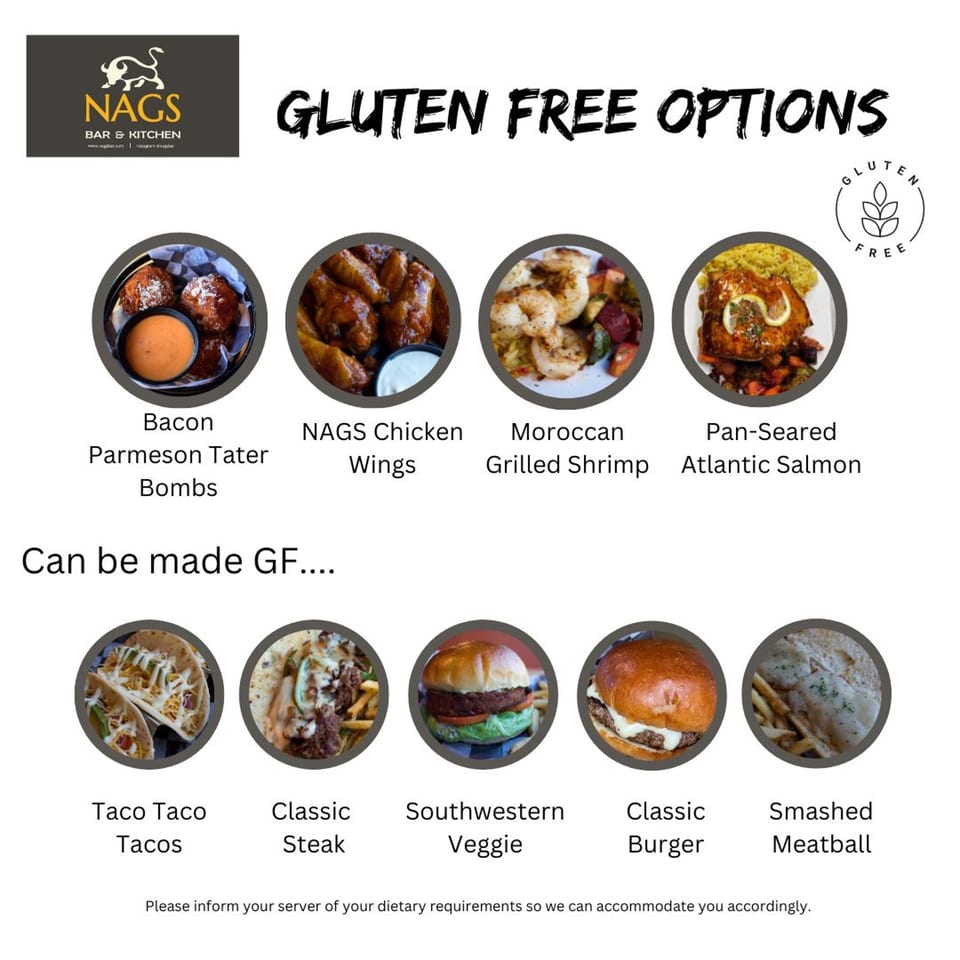 A menu displaying gluten-free and gluten-free adaptable dishes from NAGS Bar and Kitchen.